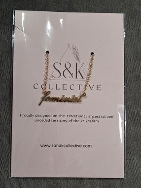 S & K Gold Toned Stainless Steel Feminist Script Necklace 45cm + 5cm NEW